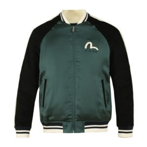 Men Green Embroidered Seagull Cloud Evisu And Deer Bomber Jacket