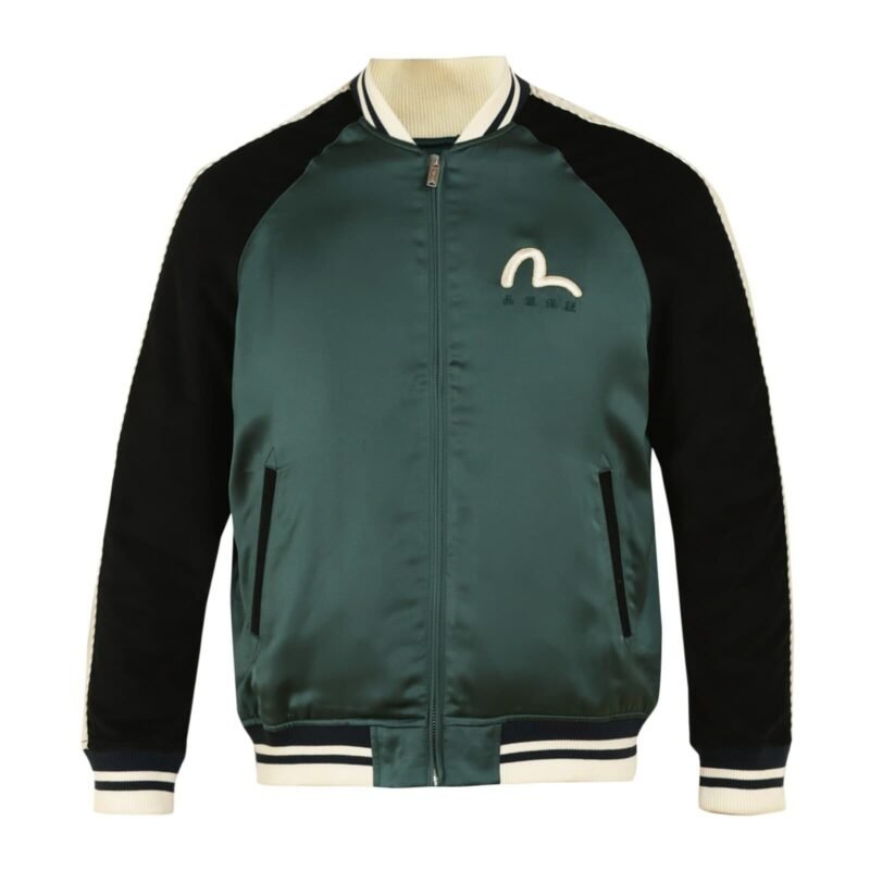 Men Green Embroidered Seagull Cloud Evisu And Deer Bomber Jacket