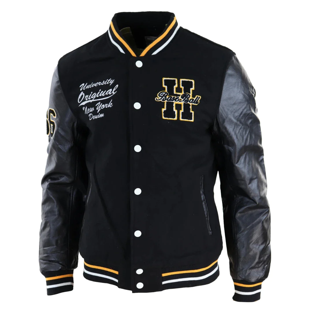 Mens Baseball Varsity Letterman Black Fleece Jacket