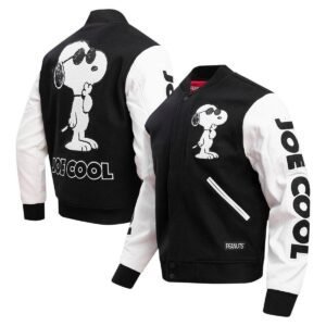 Men's Black Peanuts Snoopy Joe Cool Full-zip Varsity Jacket