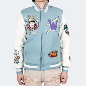 Men's Dragon Warrior Skull Light Blue Varsity Jacket