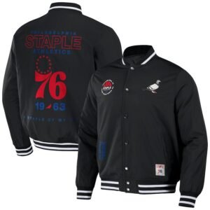 Mens Philadelphia 76ers NBA x Staple Black My City Full-Snap Varsity Jacket