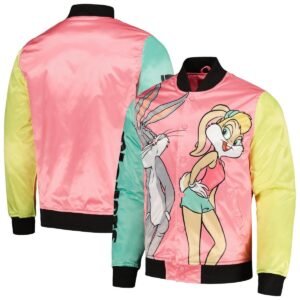 Mens Pink Looney Tunes Graphic Satin Full-snap Jacket