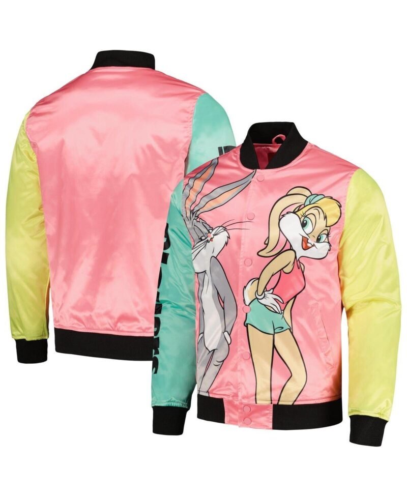 Mens Pink Looney Tunes Graphic Satin Full-snap Jacket