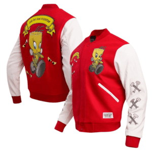 Mens Red Looney Tunes Franken Tweety Varsity Full-snap Jacket