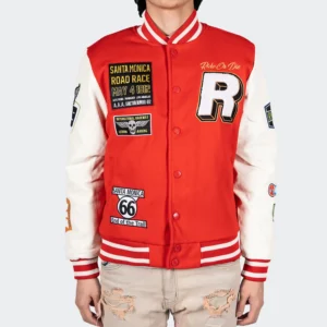 Mens Ride Or Die Road Race Red Varsity Letterman Jacket