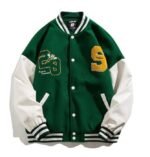 Mens Sport Green And White Letterman Jacket