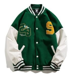 Mens Sport Green And White Letterman Jacket