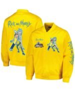Men's Yellow Rick And Morty Graphic Satin Full-snap Jacket