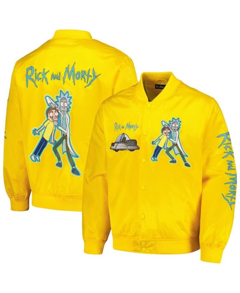 Men's Yellow Rick And Morty Graphic Satin Full-snap Jacket