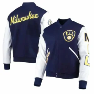 Milwaukee Brewers Letterman Navy Blue And White Jacket