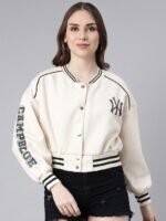 New York Campblue White Cotton Crop Varsity Jacket