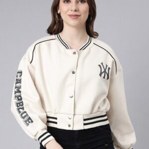 New York Campblue White Cotton Crop Varsity Jacket