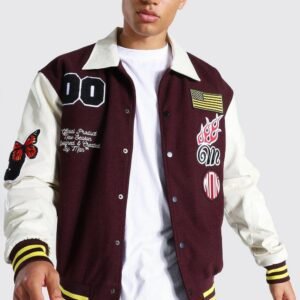 Official Man Maroon And White Varsity Jacket