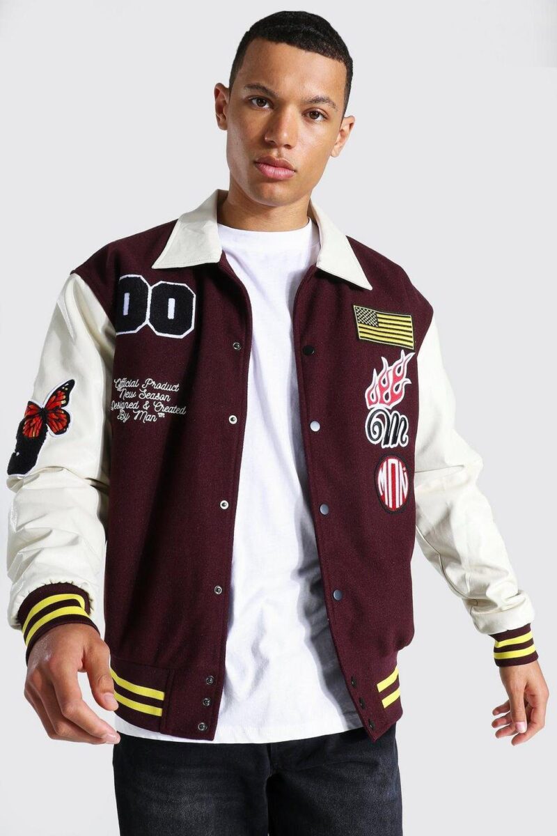 Official Man Maroon And White Varsity Jacket
