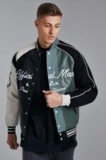 Official Man Wool And Leather Tonal Splice Varsity Jacket