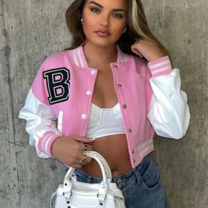 Pink Cropped Contrast Sleeve Varsity Jacket