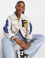 Pull And Bear White Wool Embroidered Varsity Jacket