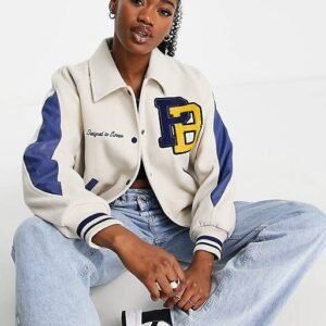 Pull And Bear White Wool Embroidered Varsity Jacket