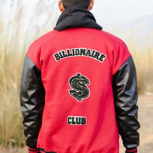 Red Billionaire With Leather Sleeves Varsity Jacket