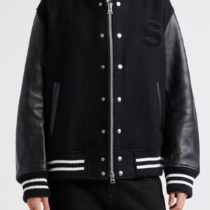 Sacai AMG Logo Embroidered Wool & Leather Varsity Jacket