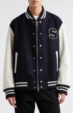 Sacai AMG Logo Navy Blue Embroidered Wool & Leather Varsity Jacket