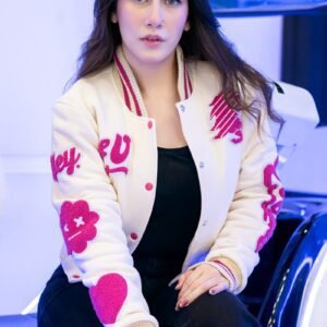 Signature Cream Wool Crop Top Varsity Jacket