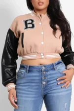 Vegan Beige Leather Sleeves Cropped Varsity Jacket Vegan Beige Leather Sleeves Cropped Varsity Jacket
