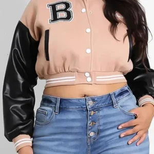 Vegan Beige Leather Sleeves Cropped Varsity Jacket