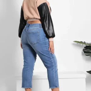 Vegan Beige Leather Sleeves Cropped Varsity Jacket