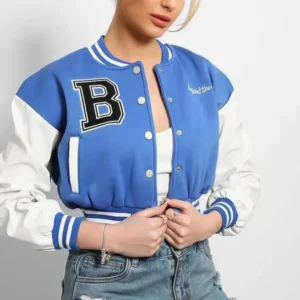 Vegan Blue Leather Sleeves Cropped Varsity Jacket