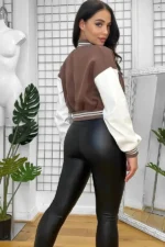 Vegan Brown Leather Sleeves Cropped Varsity Jacket Vegan Brown Leather Sleeves Cropped Varsity Jacket
