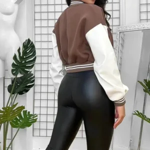 Vegan Brown Leather Sleeves Cropped Varsity Jacket