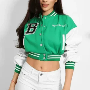 Vegan Green Leather Sleeves Cropped Varsity Jacket