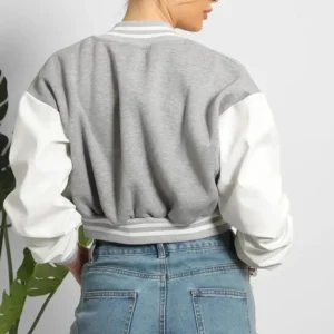Vegan Grey Leather Sleeves Cropped Varsity Jacket