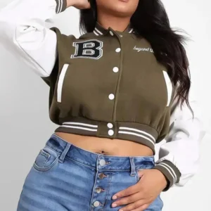 Vegan Olive Green Leather Sleeves Cropped Varsity Jacket