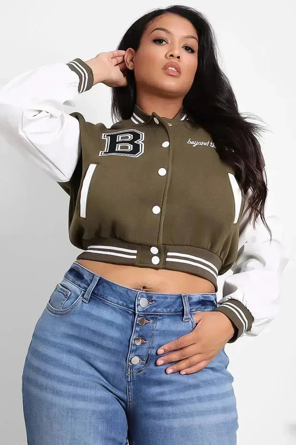 Vegan Olive Green Leather Sleeves Cropped Varsity Jacket Vegan Olive Green Leather Sleeves Cropped Varsity Jacket