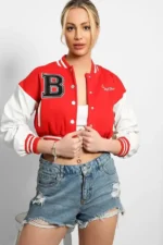 Vegan Red Leather Sleeves Cropped Varsity Jacket