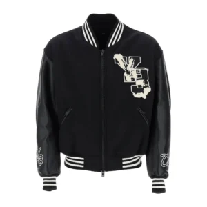 Women Y3 Black Wool And Leather Letterman Varsity Jacket