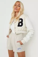 Womens Beige And White Varsity And Letterman Jacket