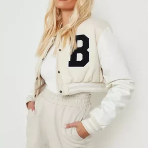 Womens Beige And White Varsity And Letterman Jacket