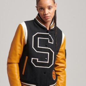 Womens Black And Gold Varsity Wool Bomber Jacket