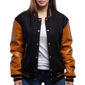 Womens Black And Gold Wool And Leather Varsity Jacket