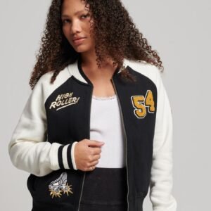 Womens Black And White Script Collegiate Bomber Jacket
