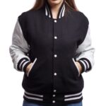 Womens Black And White Wool And Leather varsity Jacket