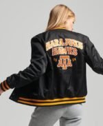 Womens Black Satin Vintage Varsity Bomber Jacket Womens Black Satin Vintage Varsity Bomber Jacket