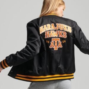 Womens Black Satin Vintage Varsity Bomber Jacket