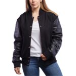 Womens Black Wool And Leather Varsity Jacket