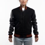 Womens Black Wool And Leather With Orange Stripes Jacket
