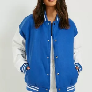 Womens Blue And White With Pu Sleeves Varsity Jacket
